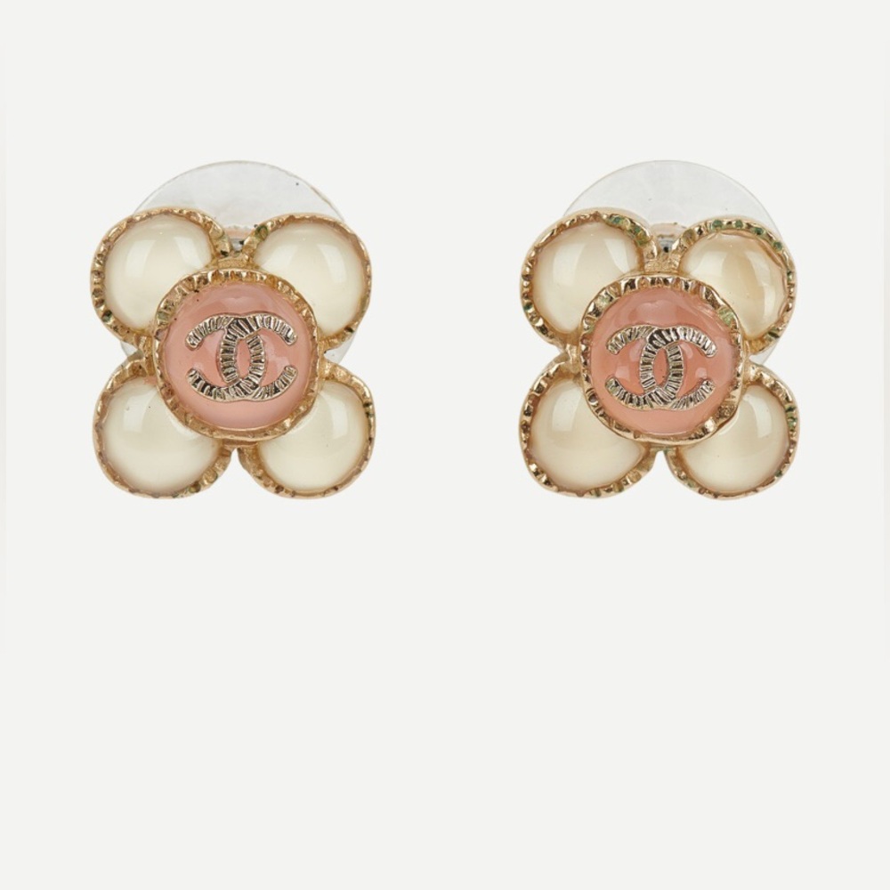 CHANEL Pierced CC Logo Pink and Cream Flower Earrings